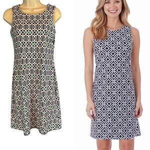 Jude Connally Beth Jersey Shift Dress Sleeveless Geo Lattice Print Navy White XS